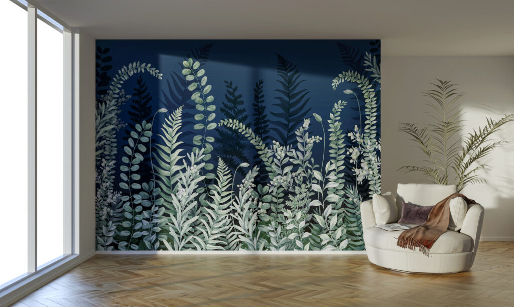 room showing wallpaper and vinyl flooring with armchair