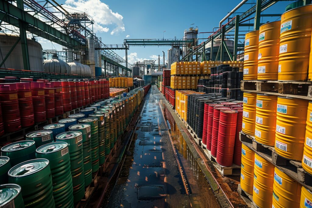 Outdoor warehouse for chemical products with pallets and barrells