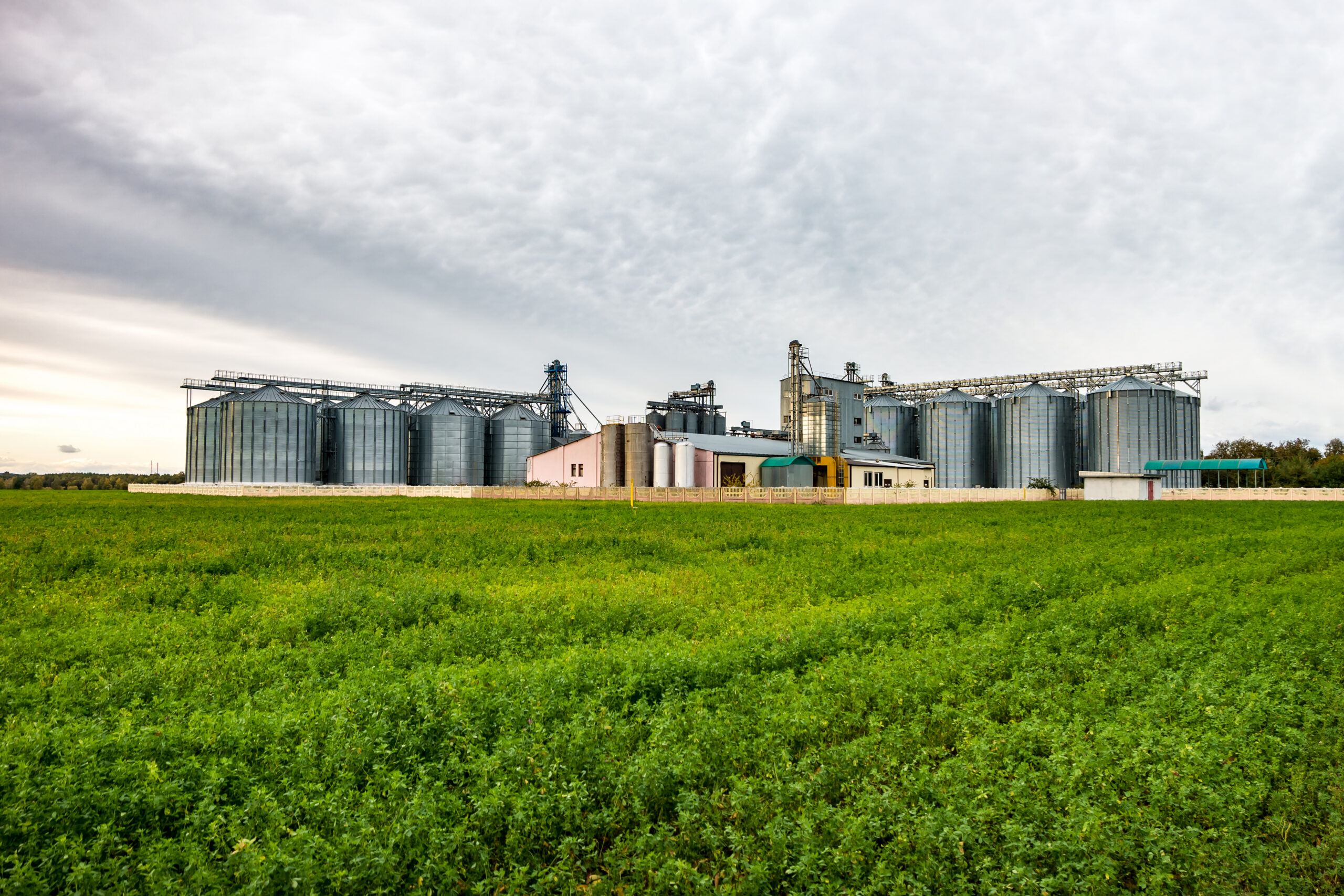 Agricultural processing plant with silos.