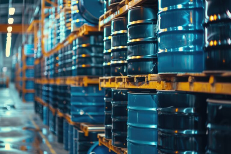 stacked oil barrels chemical drums industrial plant